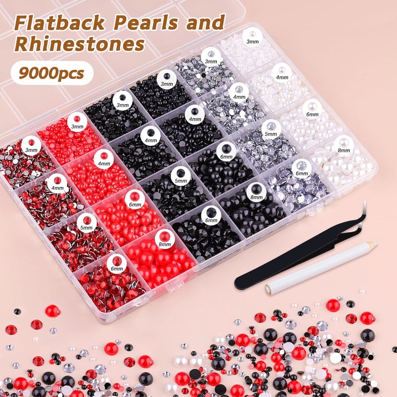 TINKRSTUFF 9000PCS Flatback Pearls and Rhinestones for Bedazzling, Red White Black Mixed Size 3-10mm Resin Rhinestones Gems and Half Pearls for Crafting, Nail Art Crafts Decoration - Image 3
